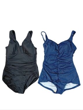 Two One-Piece Swimsuits Women's Size 12 Black & Navy Polka Dot Bathing Suits